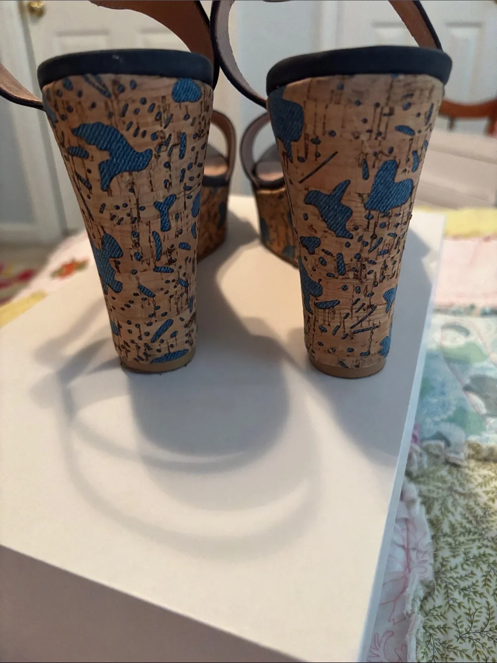 Anthropologie Blue Suede Platform Wedge Sandals with Patterned Cork Heel